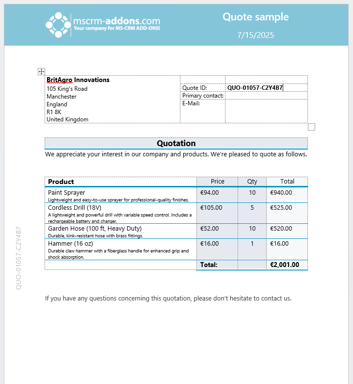 A quote document. This is a template filled with sample data.