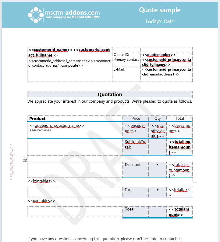 A quote template created using the DocumentsCorePack Template Designer for Word. Several placeholder fields are displayed alongside a data table.