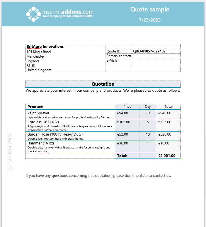 A quote document generated from a Word template. The data placeholders have been replaced with actual data.