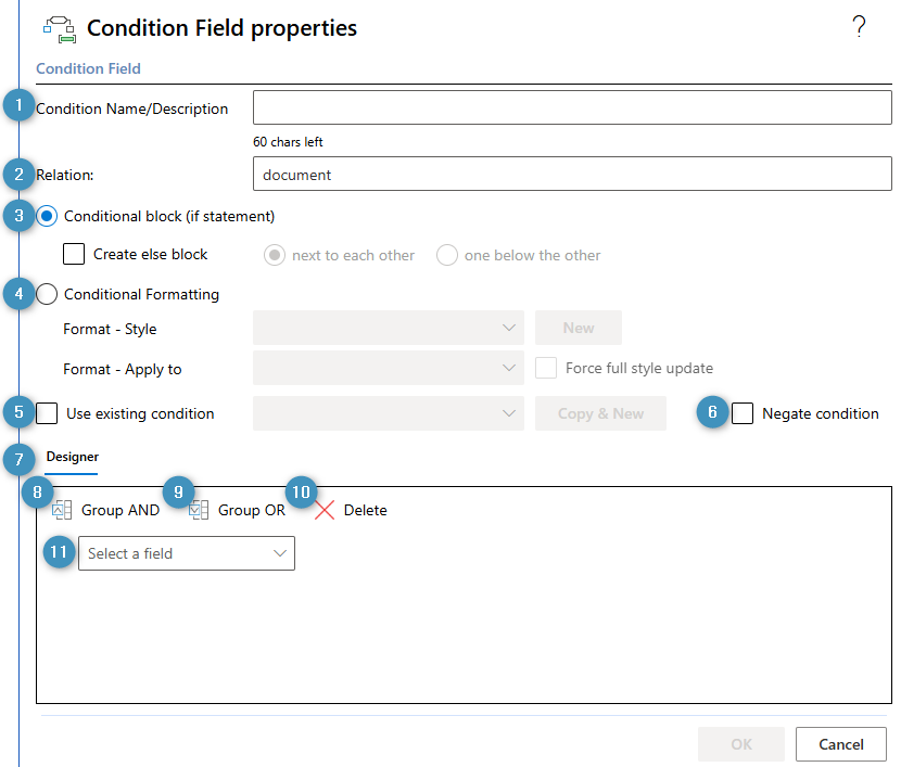 The Condition Field properties window