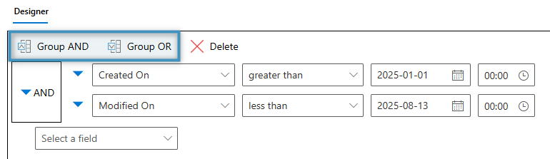 Creating conditions using the Group AND or Group OR buttons