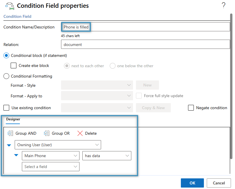 Configuring our condition field