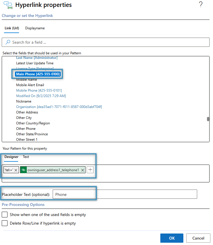 Configuring the Hyperlink field for our phone
