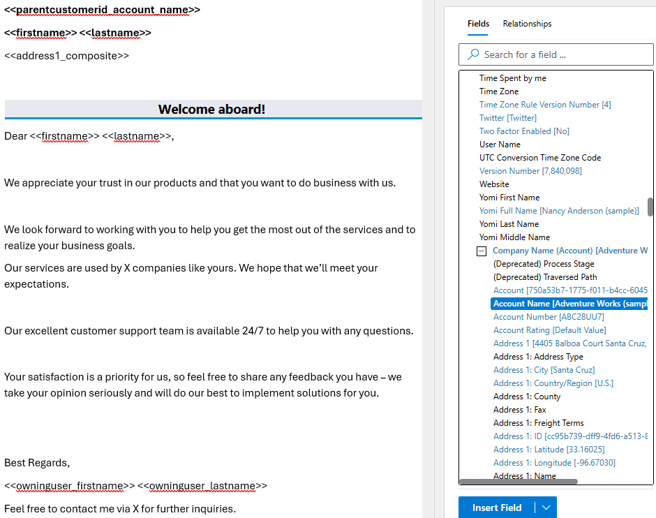 Our template with our standard fields added
