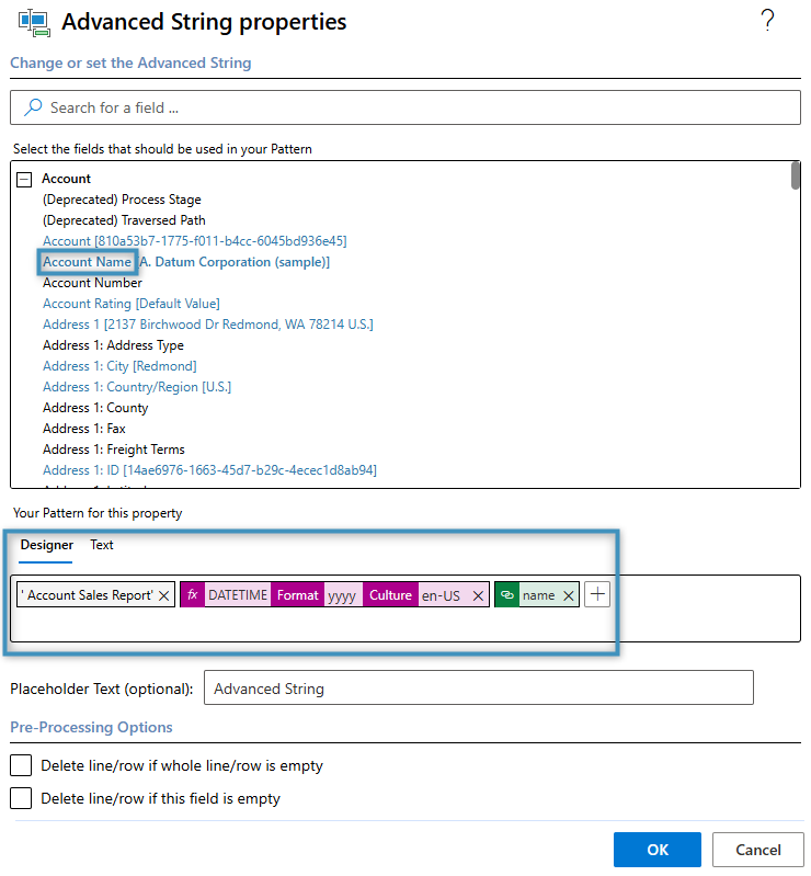 Creating the pattern for our Advanced String field