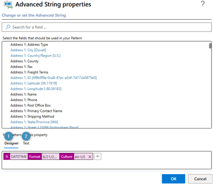 The Advanced String properties window, with the Designer and Text option noted