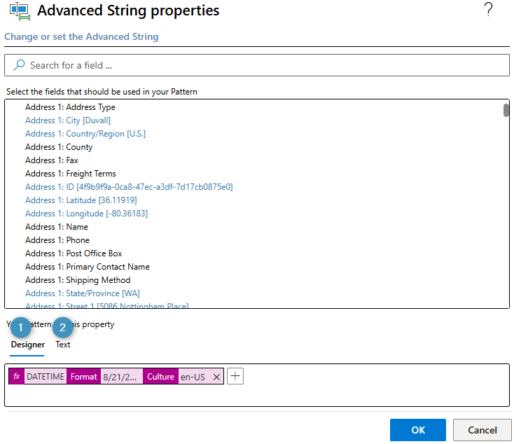 The Advanced String properties window, with the Designer and Text option noted