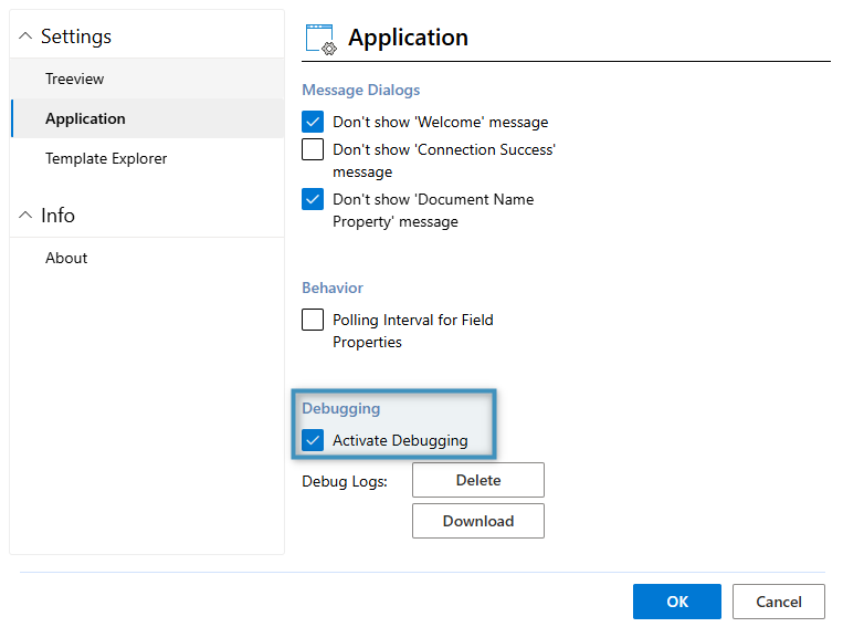 Activating debugging in the Application settings