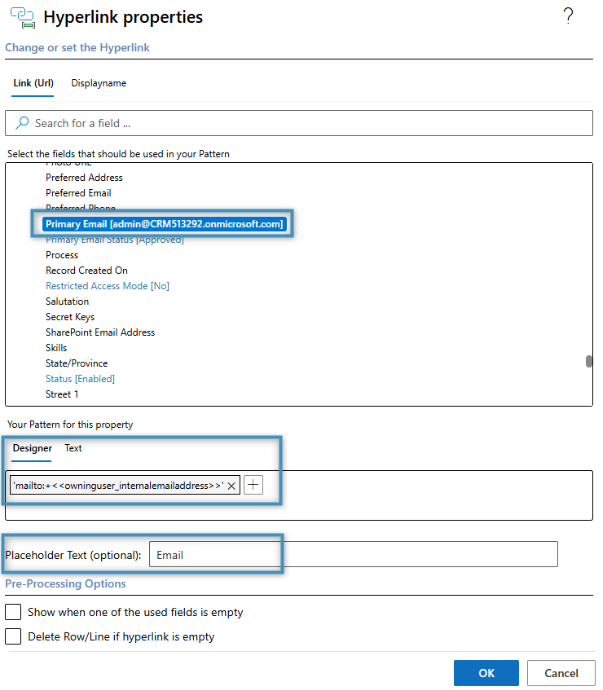 Configuring the Hyperlink field