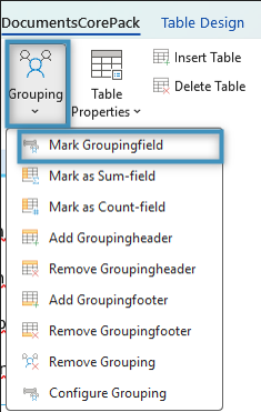 Selecting ‘Mark Groupingfield’