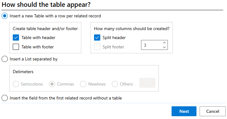 Setting up the table with the above settings