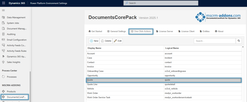 Locating DocumentsCorePack in Dynamics 365 Advanced Settings