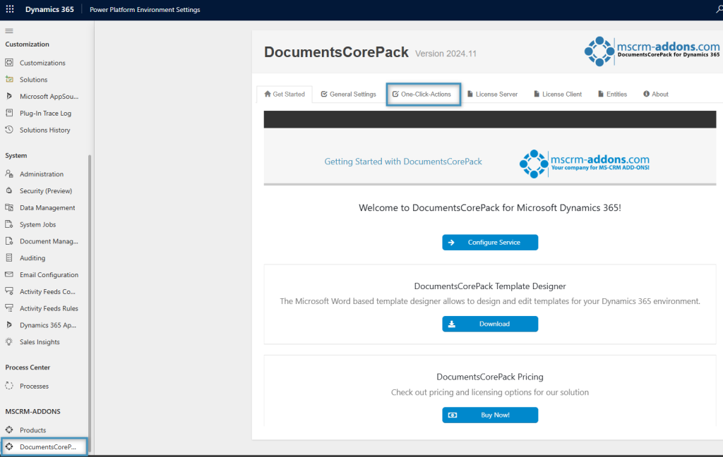 Locating DocumentsCorePack in Dynamics 365 Advanced Settings