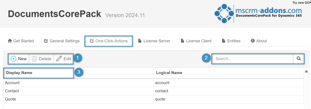 The One-Click-Actions window with available entities under Display Name