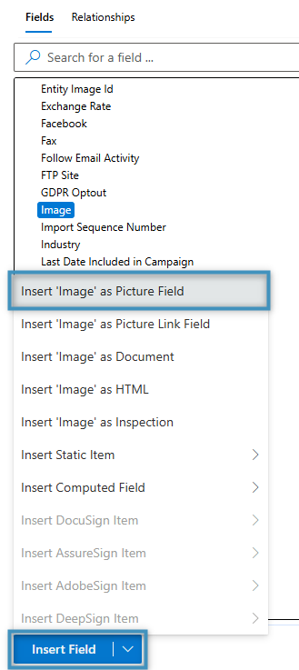 Inserting an image as a Picture Field