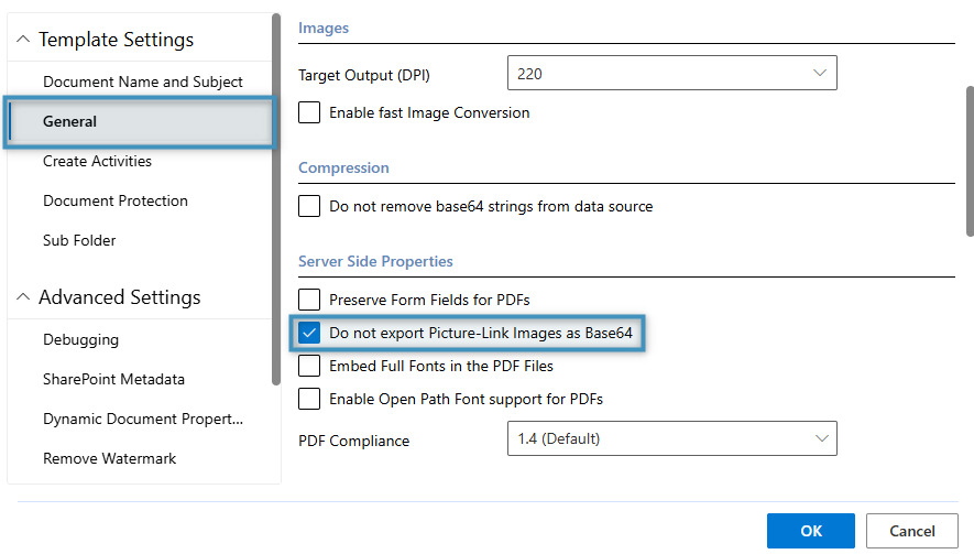 Enabling the Do not export Picture-Link Images as Base 64 setting