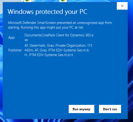 Microsoft Defender SmartScreen blocking the .exe