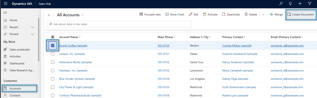 Selecting an Account record and the ‘Create Document’ button 