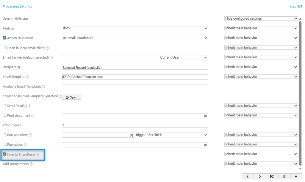 Selecting ‘Save to SharePoint’ in Processing Settings