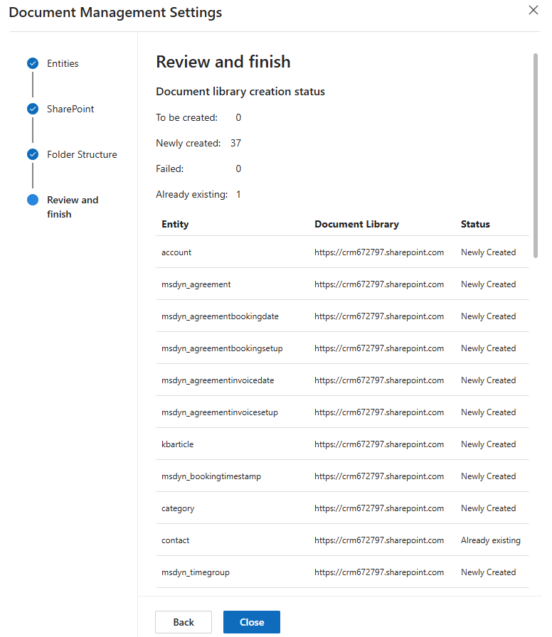 Document library creation status with created list