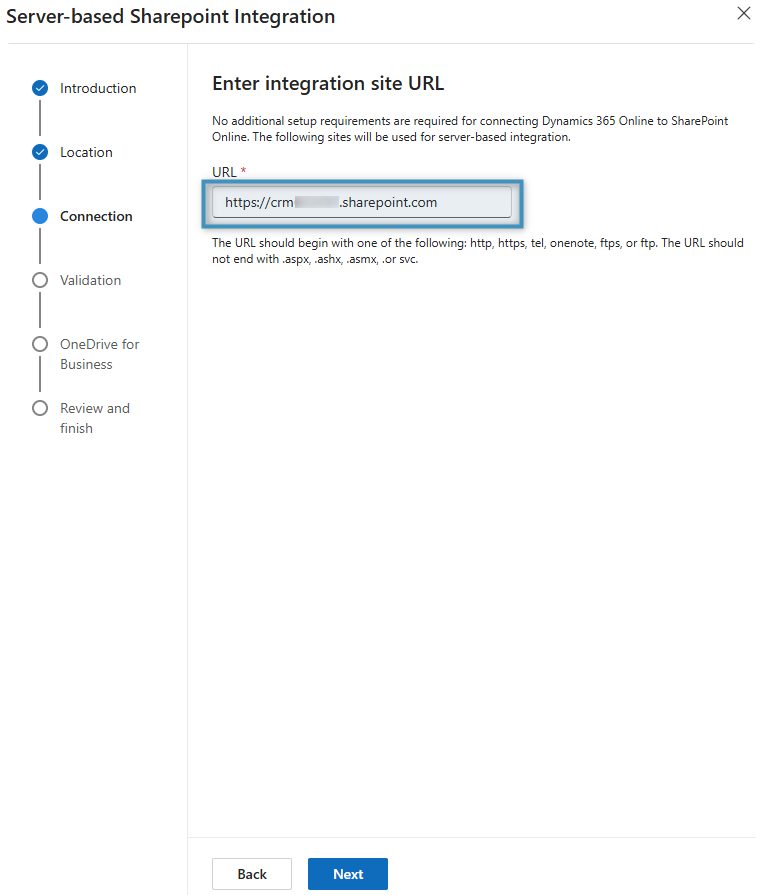 Enter integration site URL