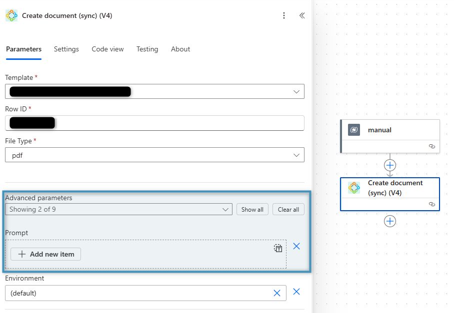 Adding a prompt in a "Create document" action