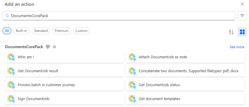 Adding a DocumentsCorePack action
