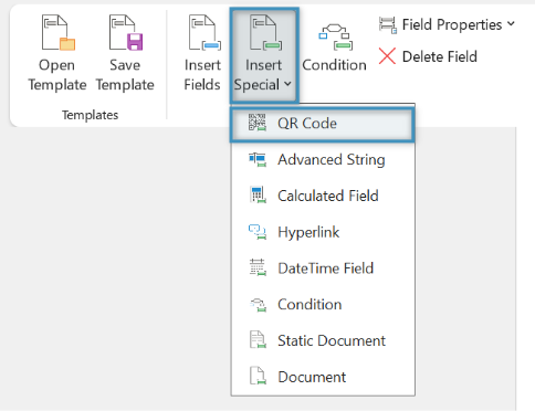 DCP Ribbon, Insert special fields -> QR Code