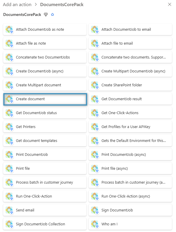 Selecting the ‘Create document’ action from the DCP list of actions
