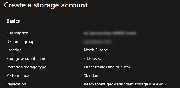Basic information for a storage account