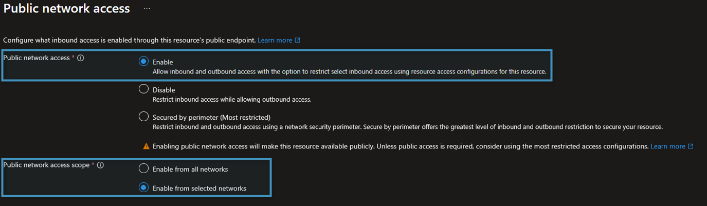 Enabling public network access and setting network access scope