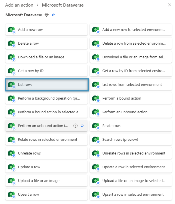 Selecting the ‘List rows’ action from the Microsoft Dataverse list of actions