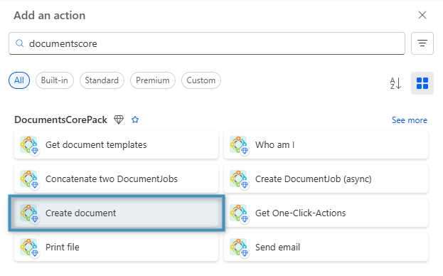 Selecting the ‘Create document’ action from the DCP connector