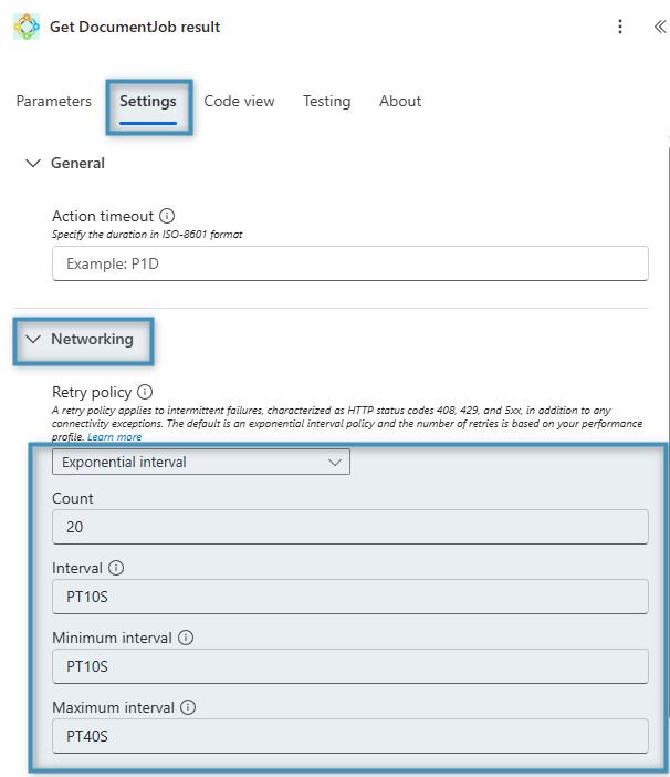 The “Retry policy” settings of the step