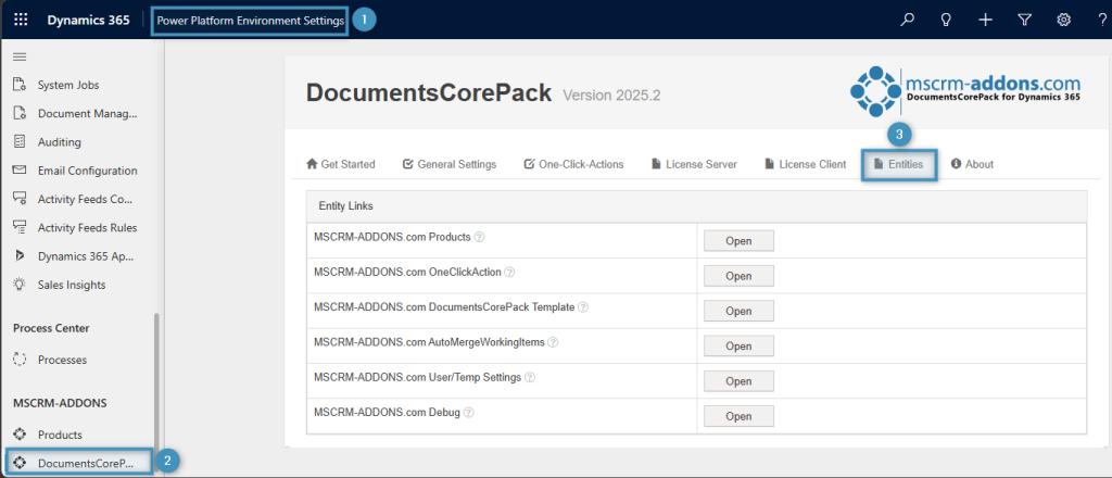 Locating the DocumentsCorePack Entities tab in Dynamics 365 