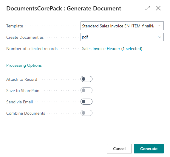 The DocumentsCorePack Dialog showing document generation options