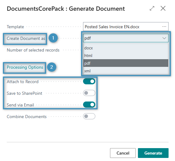 The Generate Document dialog showing the Create Document as dropdown and Processing Options highlighted