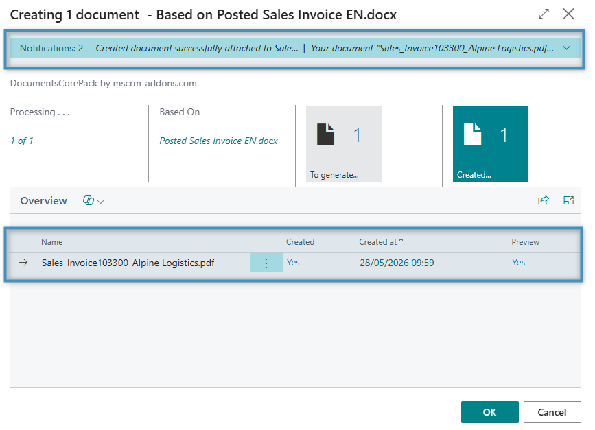 Confirmation dialog showing successful creation of a document, with the notification banner and overview highlighted