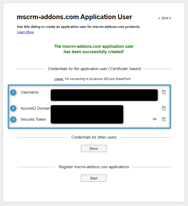 The application user page, now displaying credentials