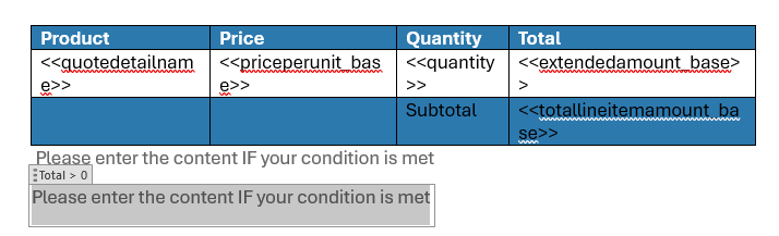 Our quote template with configured conditional fields