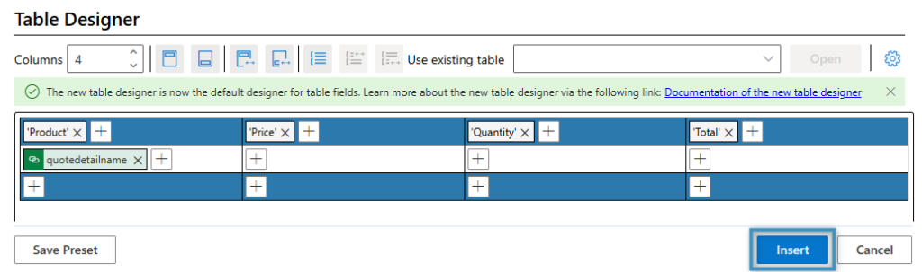 Our table set-up in the Table Designer