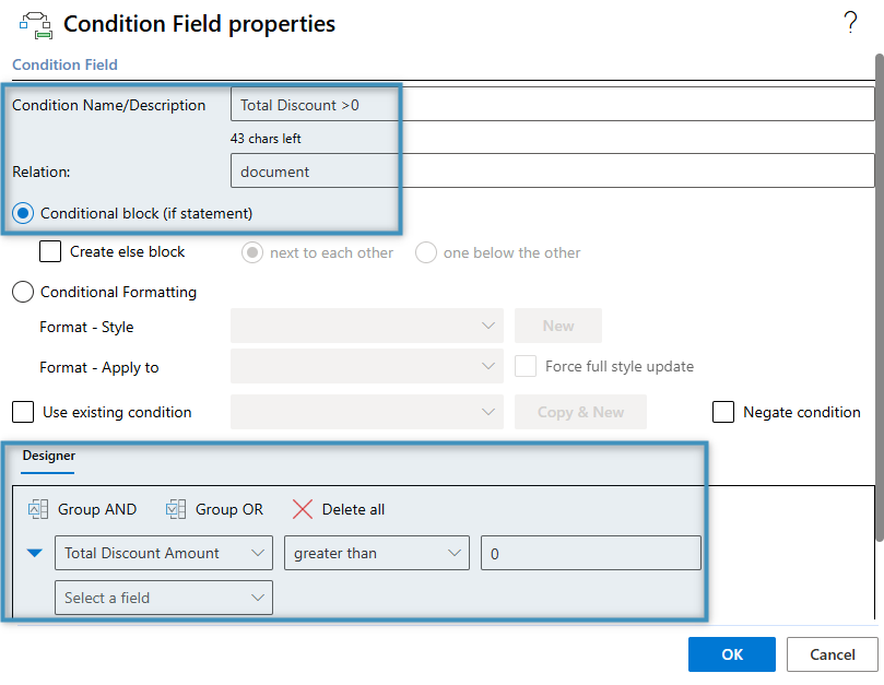 Configuring the Condition Field for the discount row