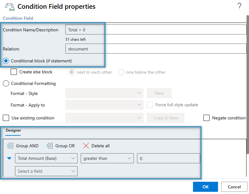 Configuring the Condition Field for the total row