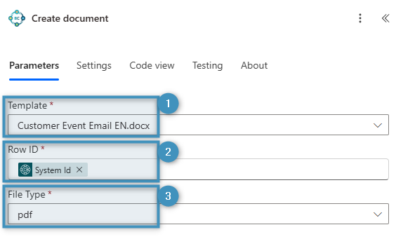 Filling out the fields for the Create document action