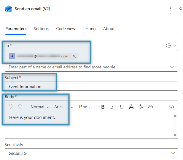 Filling in the fields for Send an email