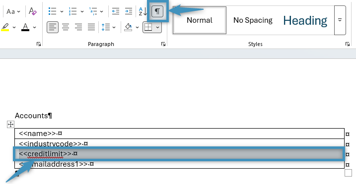 The Show/Hide button and our row highlighted