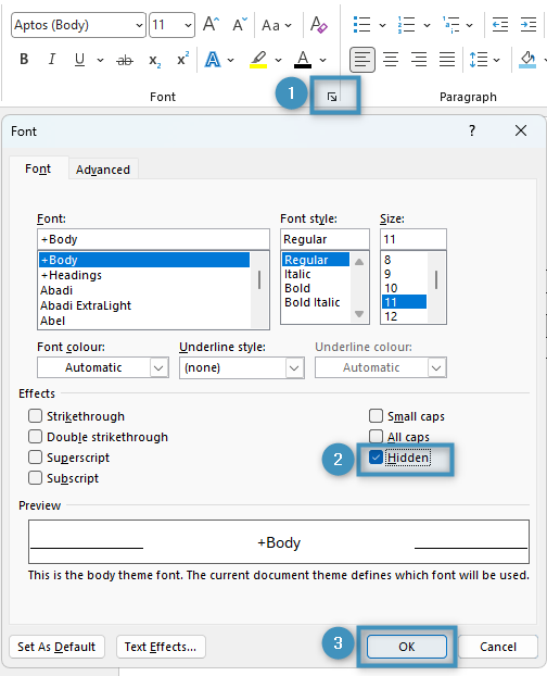 Applying the hidden attribute in the font dialog launcher