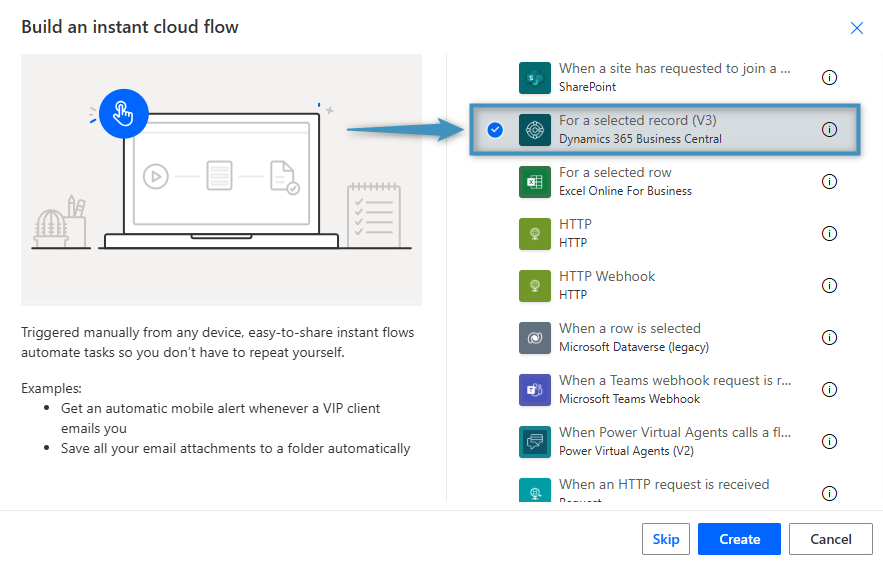 Selecting our Dynamics 365 Business Central trigger