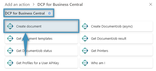Selecting the Create document action