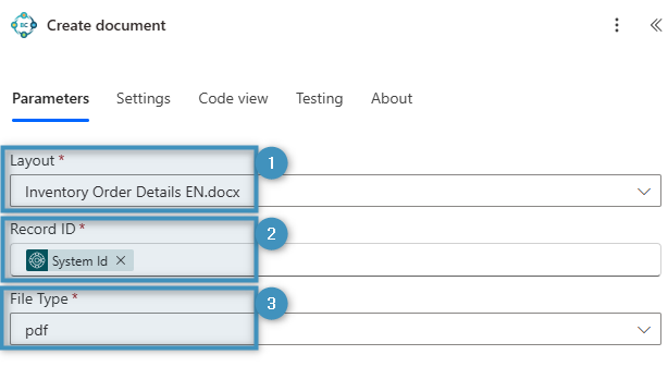 Filling out the fields for the Create document action